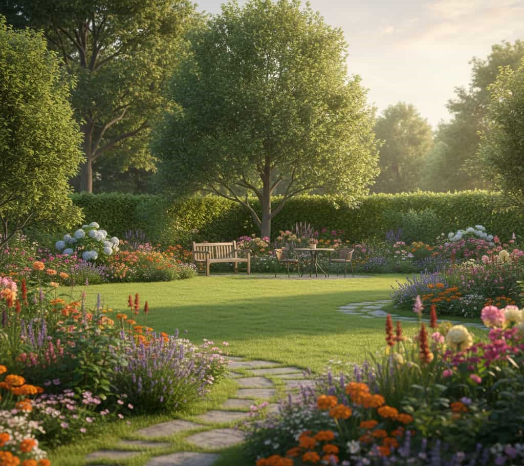 Jardin résidentiel richement végétalisé illustrant les espaces verts pris en compte dans le calcul de surface plantée obligatoire du PLU