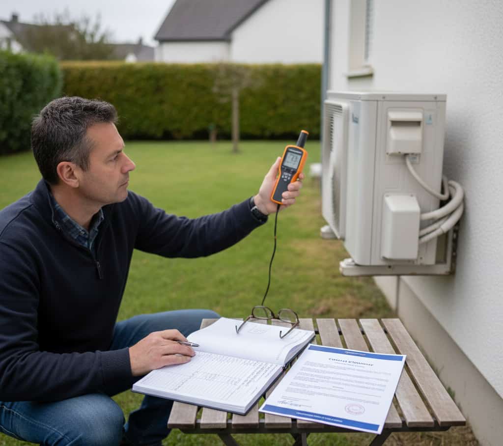 Mesure acoustique avec sonomètre et documents de constat d’huissier pour nuisance sonore de climatisation