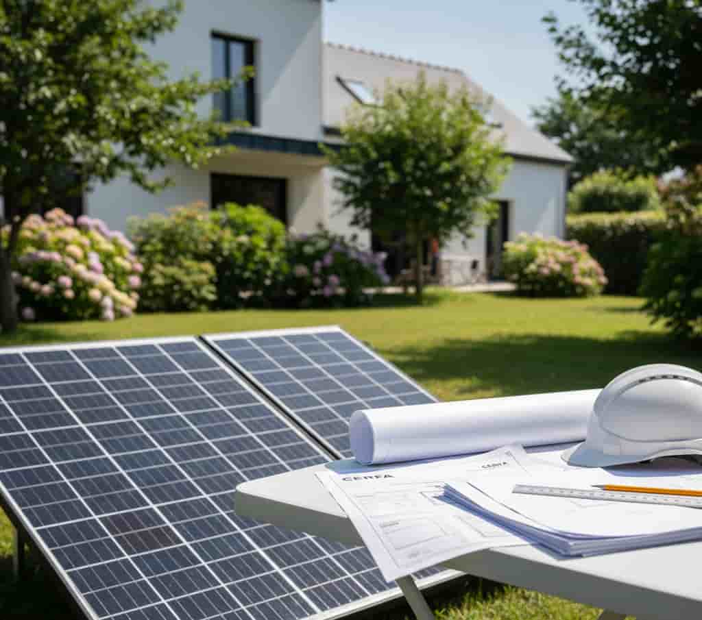 Panneaux solaires installés au sol dans un jardin avec documents d’autorisation d’urbanisme
