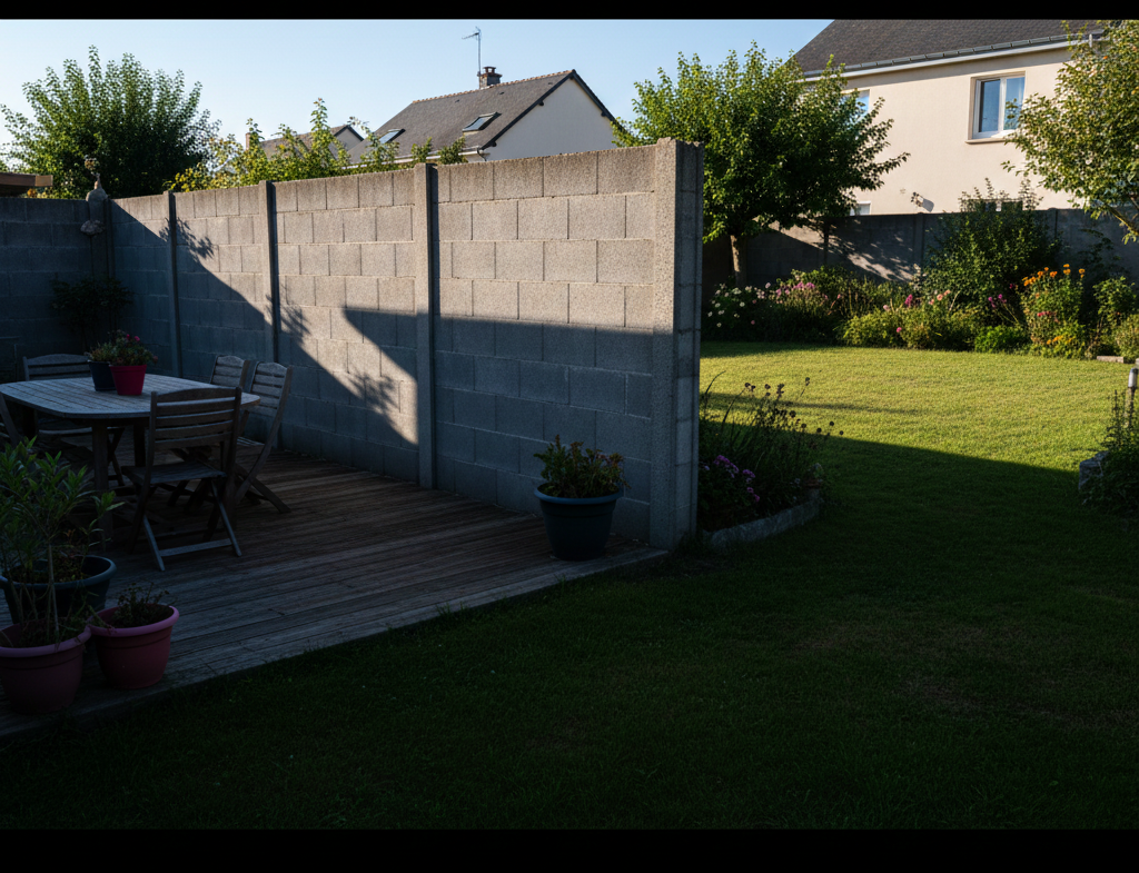 Jardin résidentiel privé d’ensoleillement par une clôture trop haute créant une ombre permanente