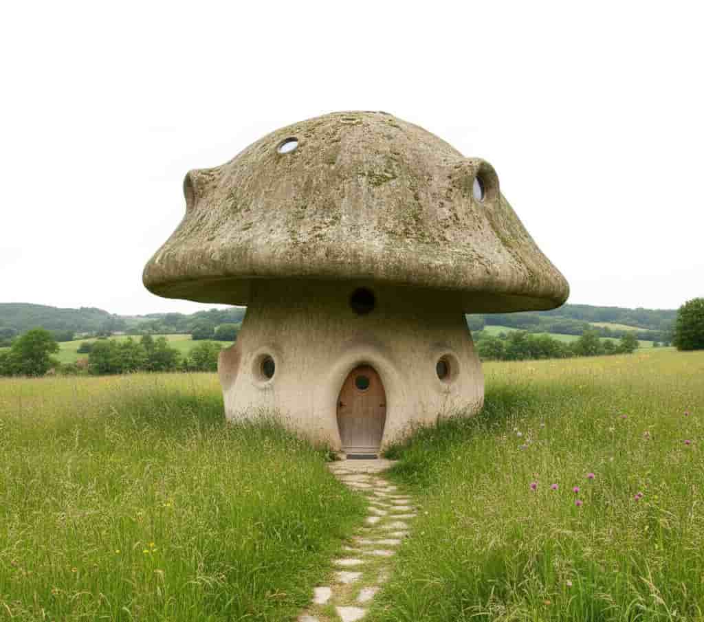 Maison en forme de champignon géant dans la campagne rhodanienne