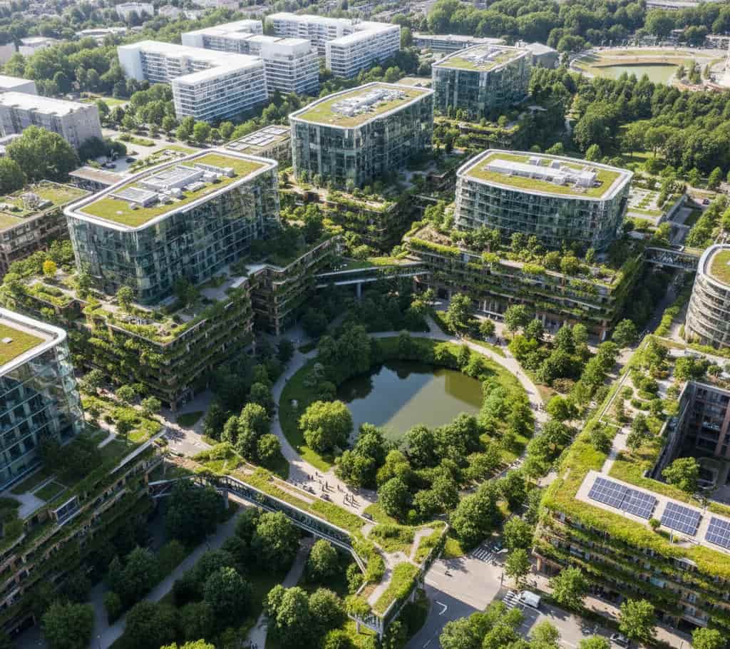 Quartier urbain intégrant toitures végétalisées, espaces verts et surfaces perméables pour optimiser le coefficient de biotope