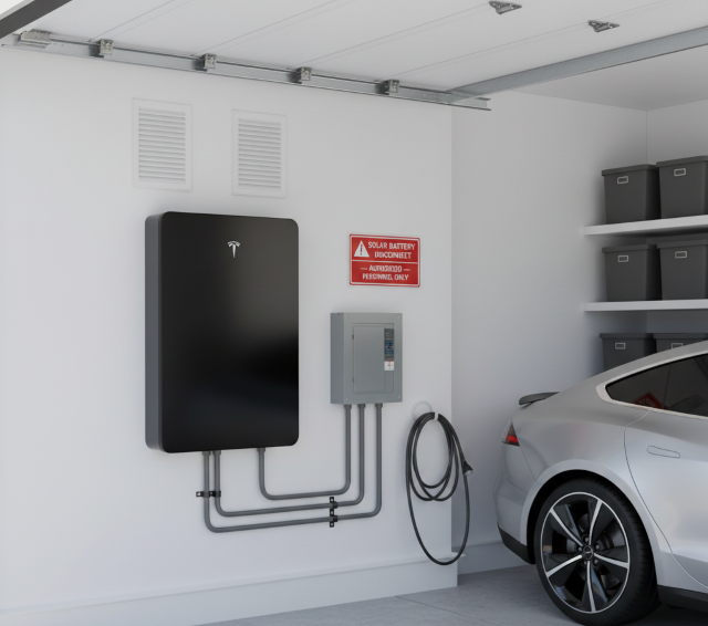 Batterie de stockage solaire domestique installée dans un garage conforme aux normes de sécurité et sans formalité urbanistique