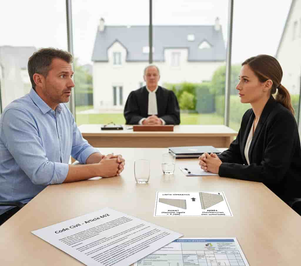 Propriétaire consultant avocat pour recours contre la surélévation d’un mur mitoyen sans accord, documents juridiques et plans visibles