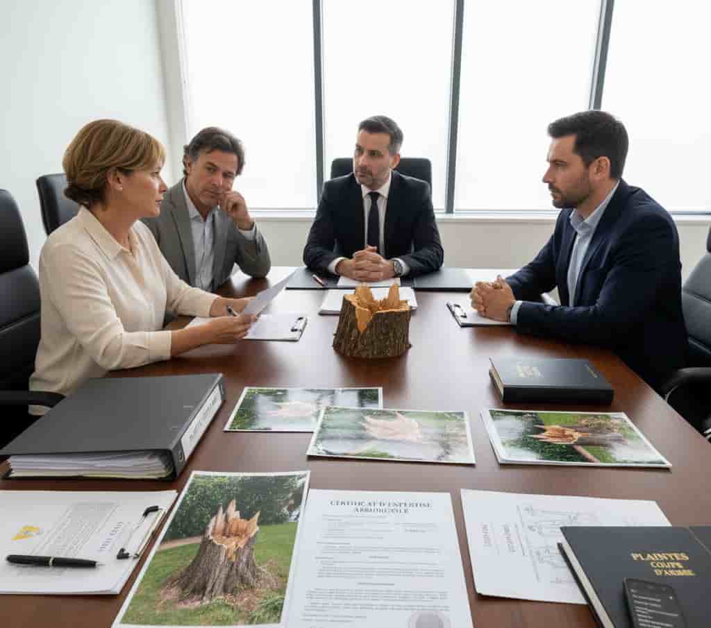 Dossier de plainte pour arbre coupé sans autorisation avec photos, expertise arboricole et documents juridiques