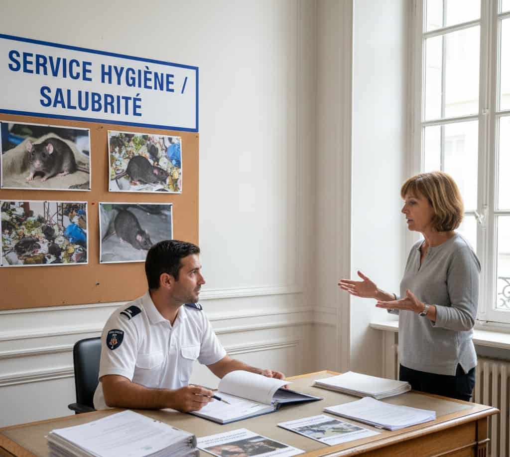Agent municipal en service d’hygiène examinant un dossier de dératisation suite à un signalement de rats chez un voisin