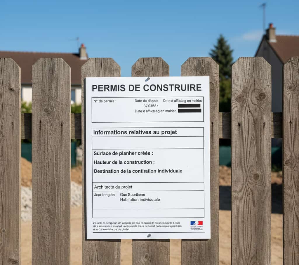 Affichage réglementaire d’un permis de construire sur un chantier avec panneau complet et lisible