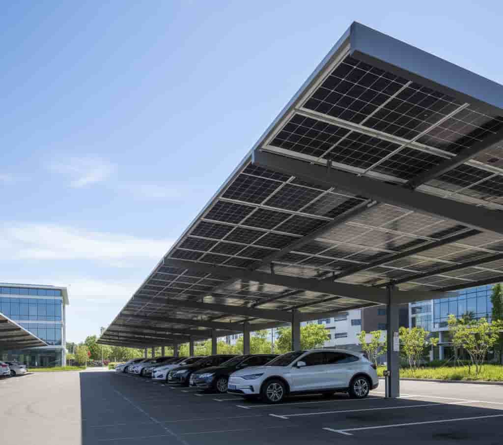 Parking extérieur avec ombrières photovoltaïques modernes couvrant les places de stationnement