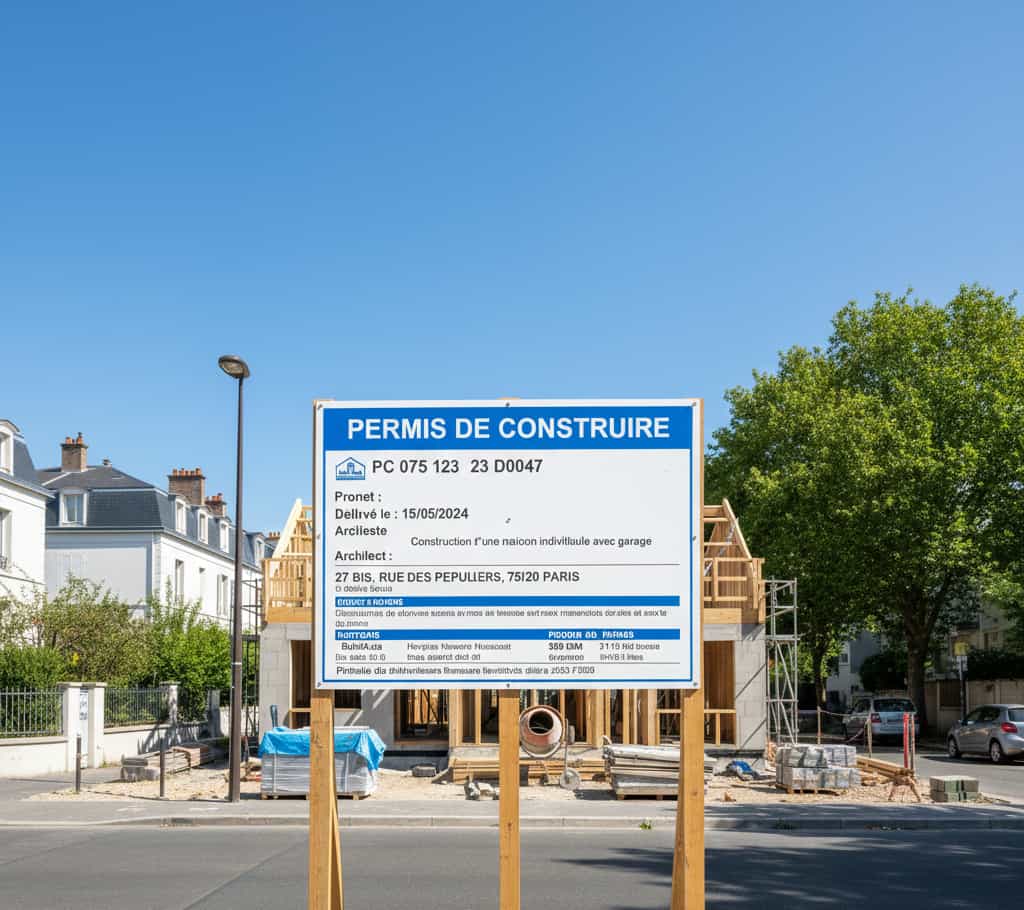 Panneau de permis de construire affiché sur un chantier visible depuis la rue, déclenchant le délai de recours des tiers.