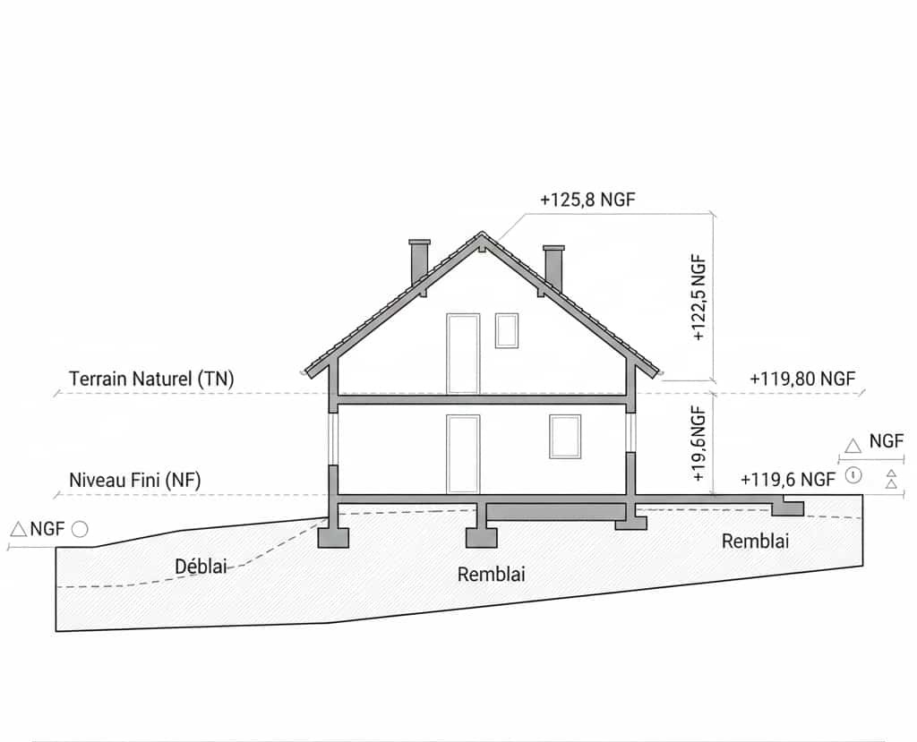 schéma 2D plan de coupe PCMI3 cotes NGF terrain naturel niveau fini hauteur