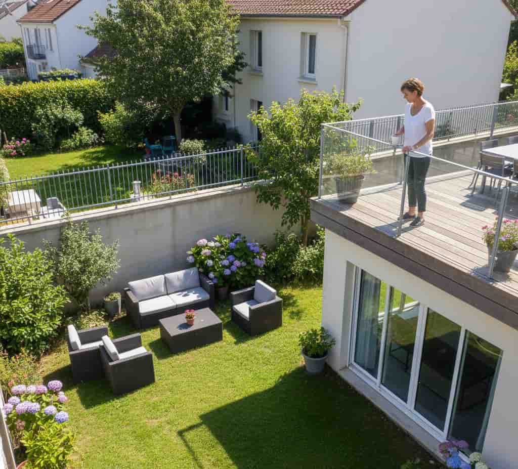 Terrasse surélevée ou fenêtre donnant une vue plongeante sur le jardin du voisin en dessous, illustrant une perte d’intimité causée par une vue directe