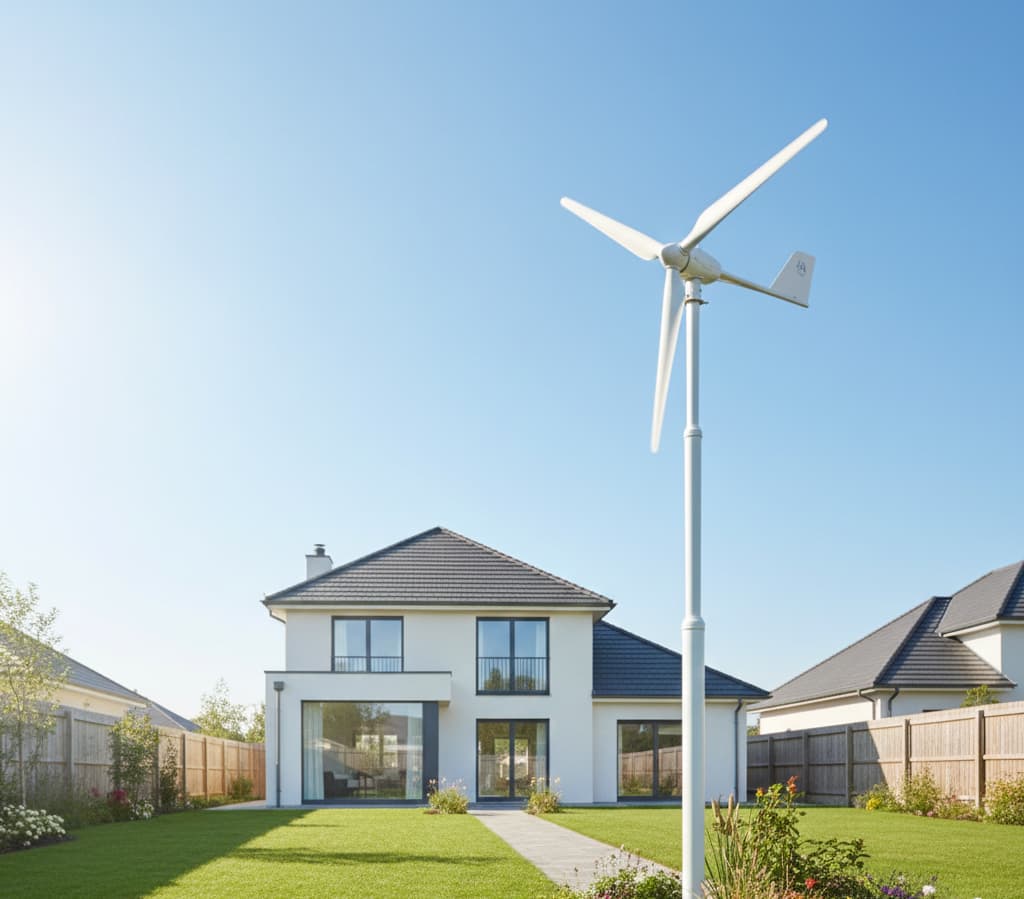 Éolienne domestique installée dans un jardin résidentiel illustrant un projet de petite éolienne et les démarches de déclaration préalable