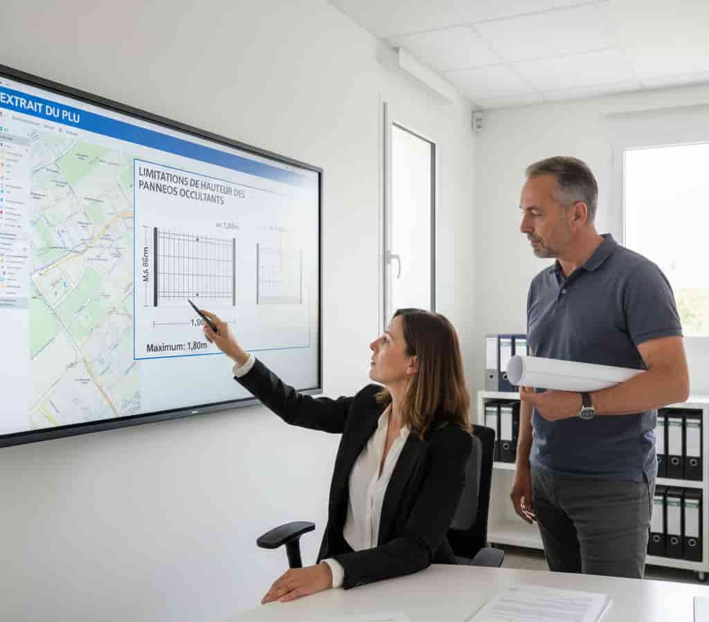 Agent du service urbanisme consultant réglementation locale de hauteur pour panneaux occultants avec un propriétaire