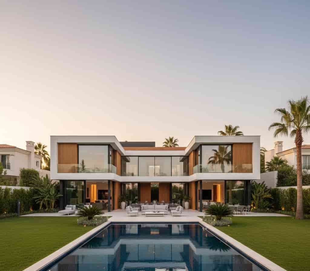 Photographie réaliste d’une grande villa de luxe contemporaine dans un quartier huppé, avec piscine, vaste jardin paysagé, terrasse élégante, volumes architecturaux modernes en façade, lumière douce de fin de journée. Style photo immobilière haut de gamme, cadrage extérieur complet, sans texte ajouté.