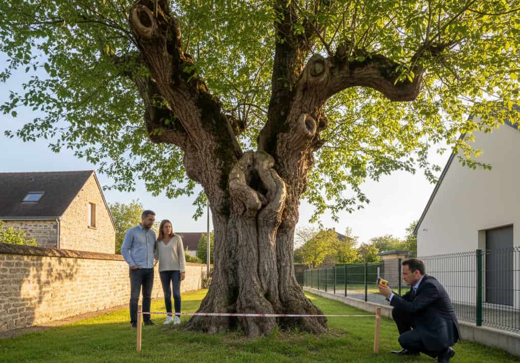 Grand arbre ancien en limite de propriété avec documents montrant la prescription trentenaire applicable