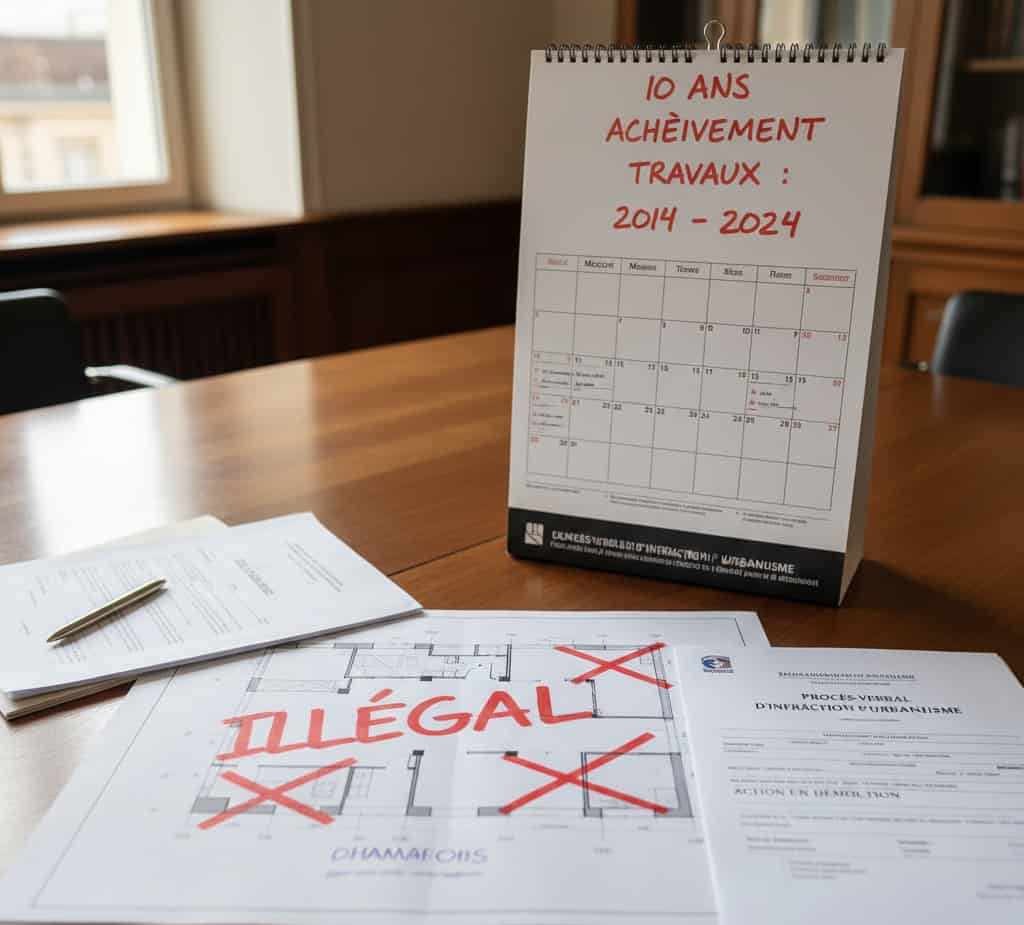 Plans de construction marqués illégaux avec calendrier indiquant 10 ans et documents d’action civile pour démolition ou indemnisation