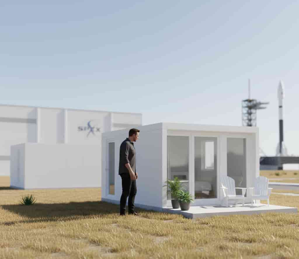 Figure inspirée d’Elon Musk visitant une tiny house moderne dans un environnement de type SpaceX