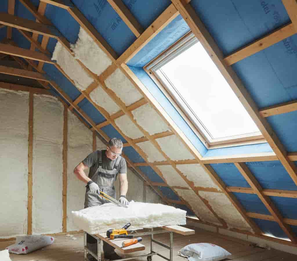 Isolation de toiture depuis l’intérieur sous combles avec pose d’isolant entre chevrons illustrant des travaux d’isolation thermique conforme aux règles de rénovation énergétique