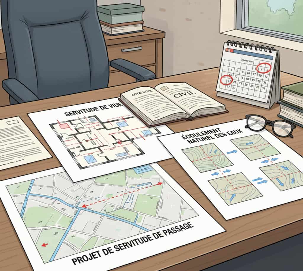Plans de servitudes légales de vue, de passage et d’écoulement des eaux avec références juridiques sur une table