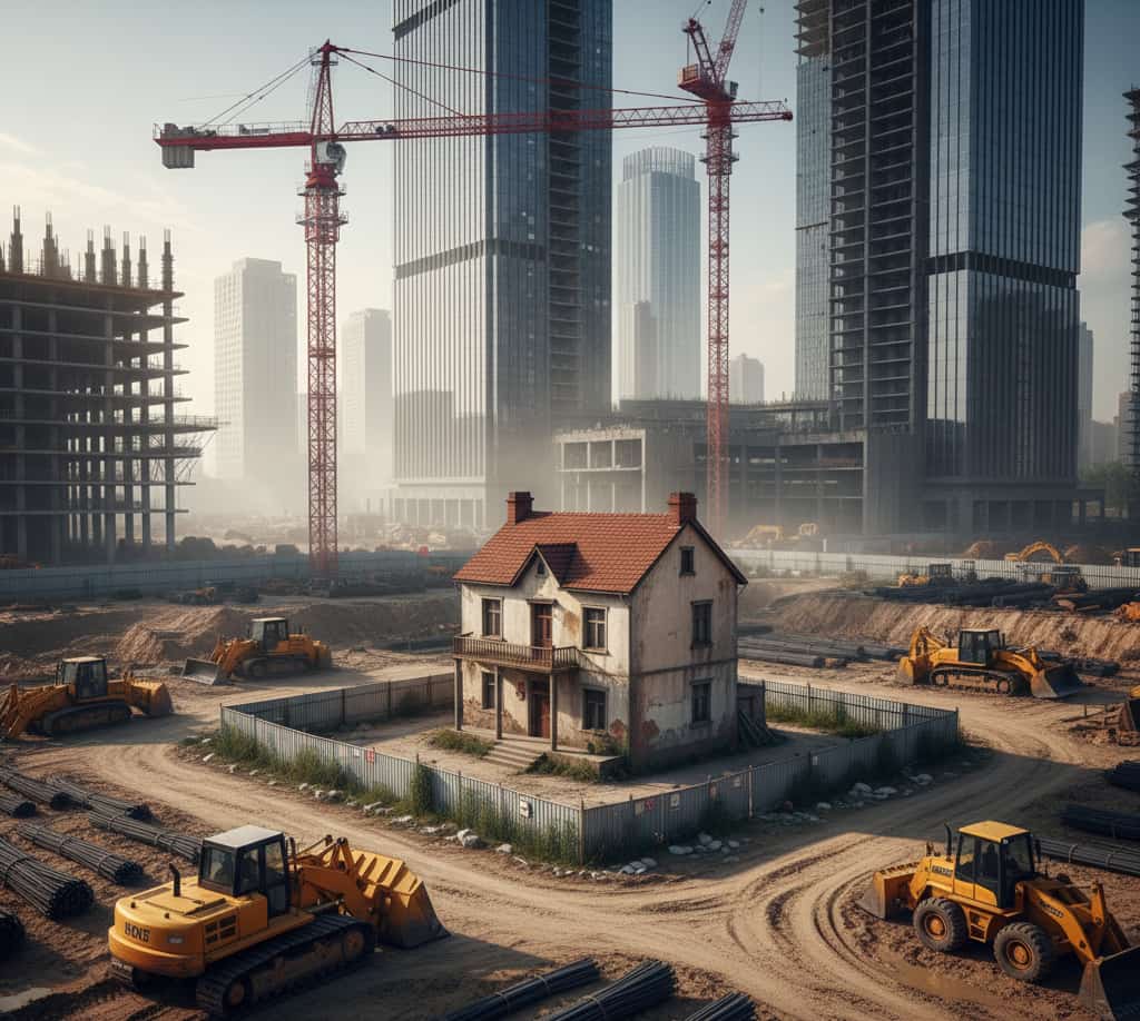 Maison clou en Chine debout au milieu d’un vaste chantier de construction entouré de bulldozers et de grues