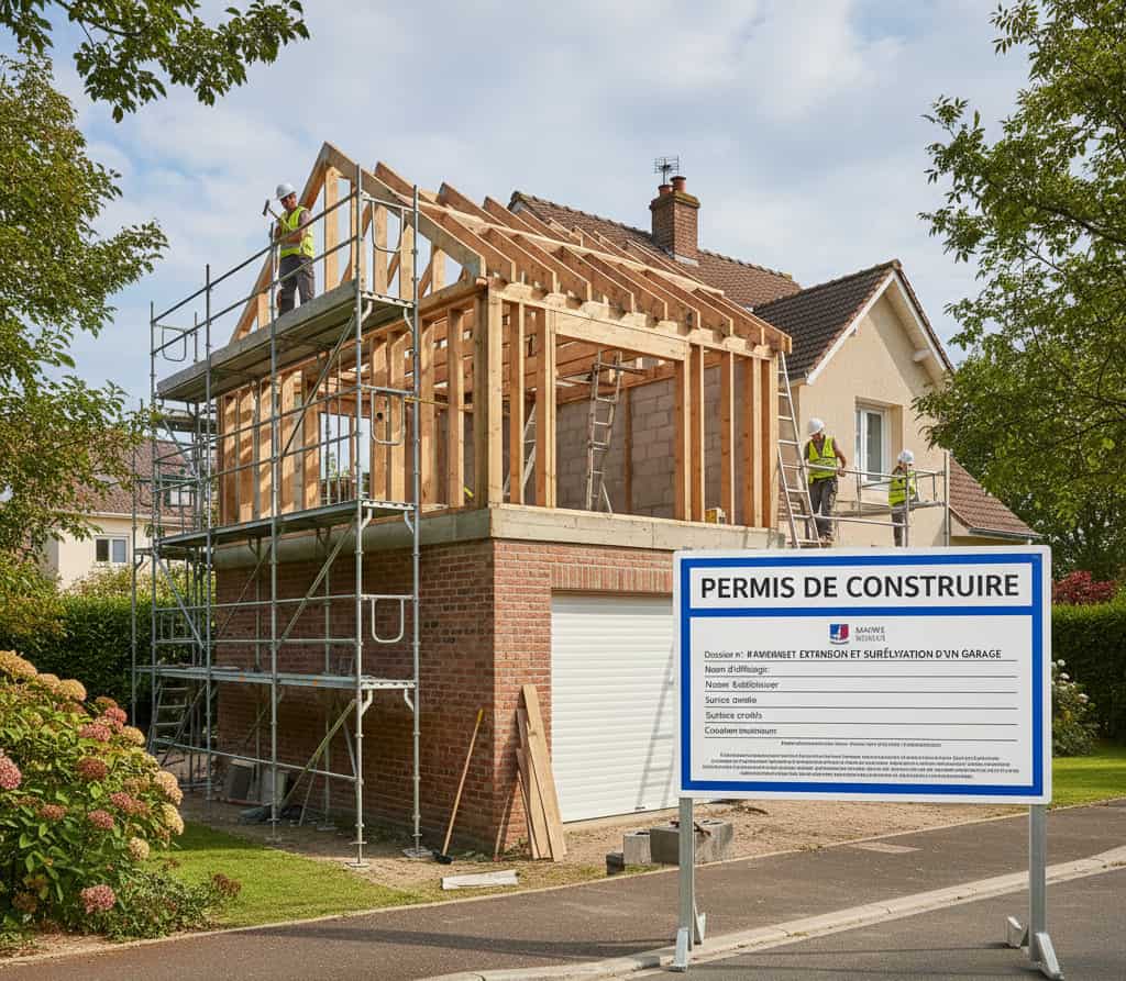 Panneau de permis de construire installé à l’entrée d’un chantier visible depuis la voie publique illustrant l’affichage obligatoire d’une autorisation d’urbanisme