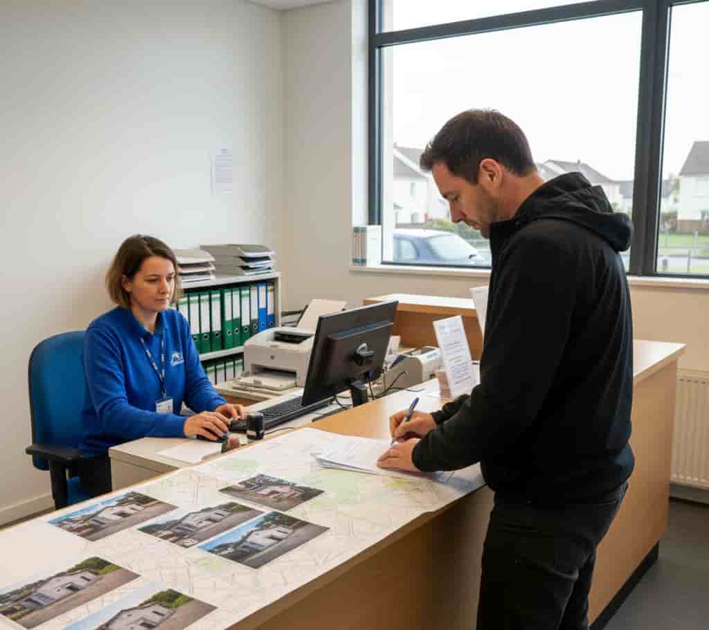 Voisin déposant une lettre recommandée à la mairie pour signaler une construction sans permis, photos et plans sur la table