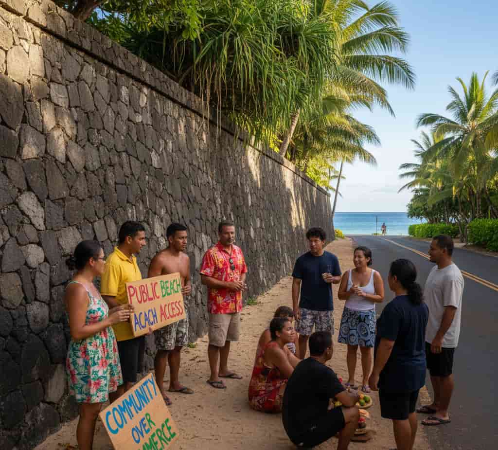 Controverse autour du mur de clôture du domaine de Mark Zuckerberg à Hawaii, illustrant les tensions entre propriété privée et accès public