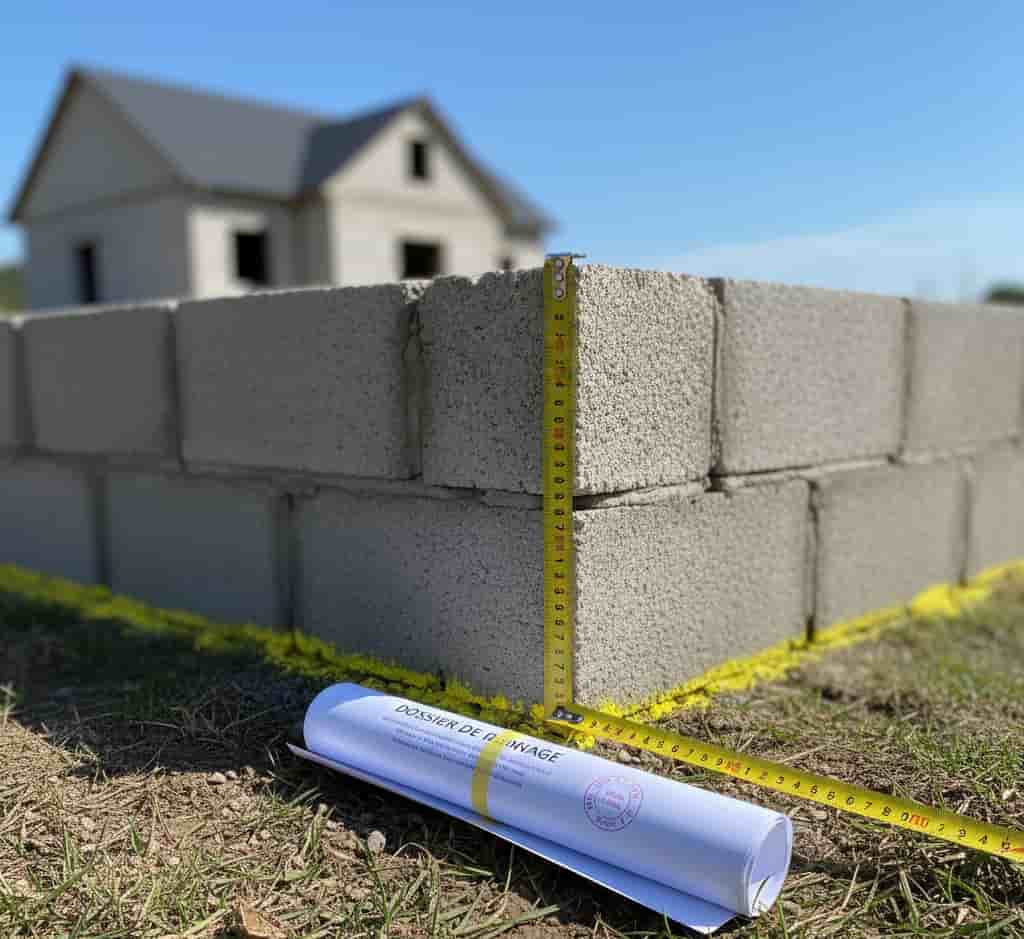 Gros plan sur une construction qui dépasse la limite de propriété avec documents de bornage