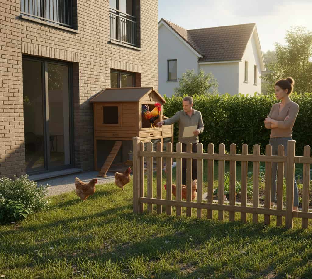 Conflit de voisinage en zone urbaine autour d’un poulailler avec coq et plainte pour nuisance sonore