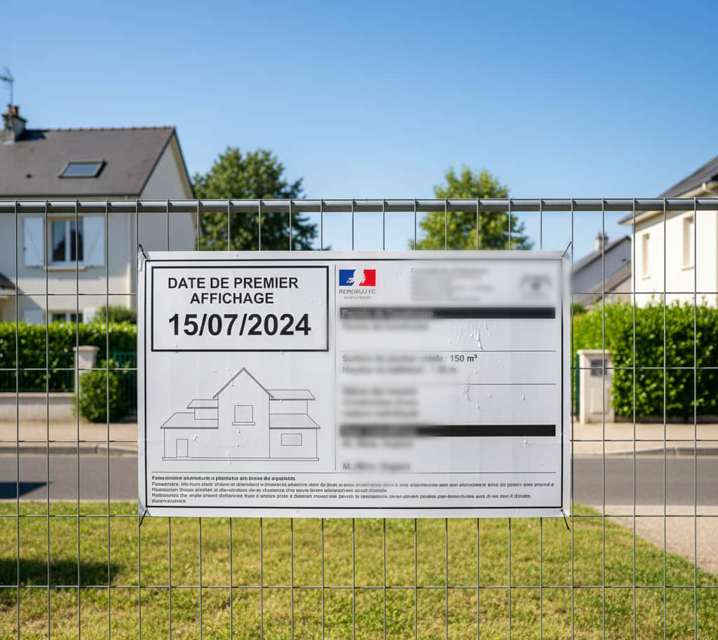 Panneau d’affichage de permis de construire avec date de début visible pour calcul du délai de recours