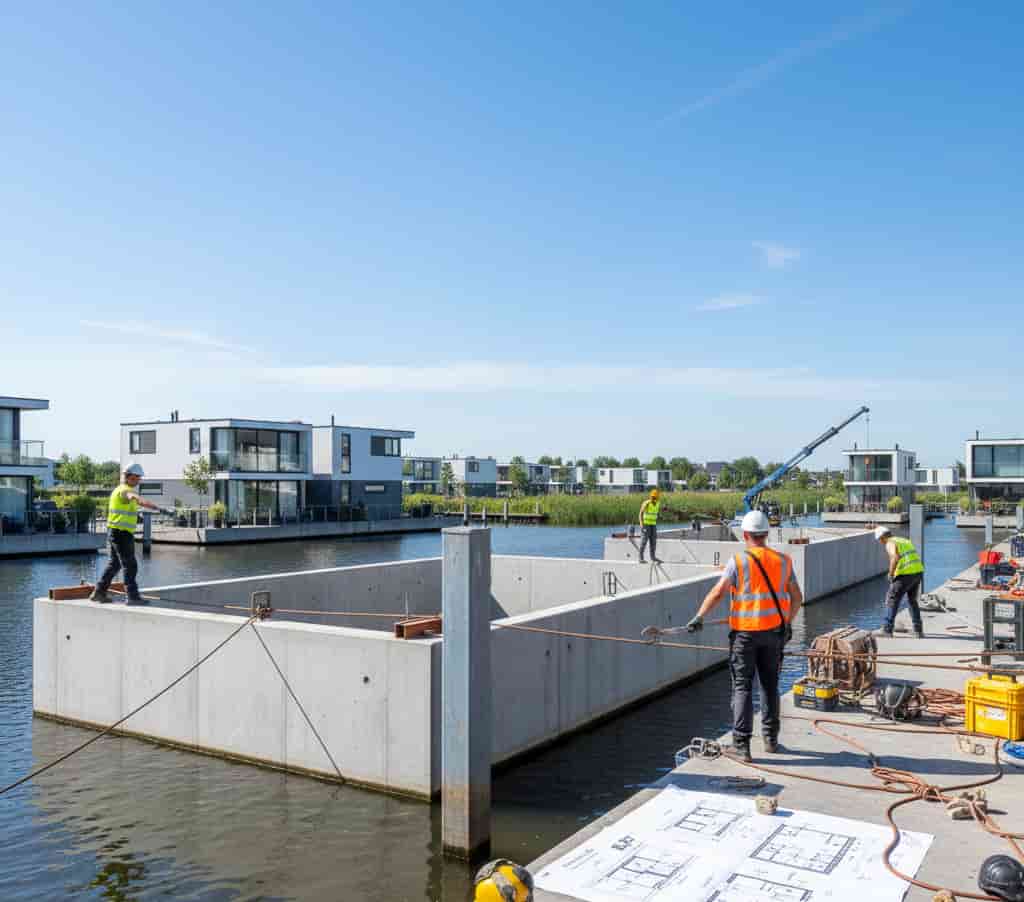 Chantier de construction de maison flottante aux Pays‑Bas avec caisson en béton et ancrages sur l’eau