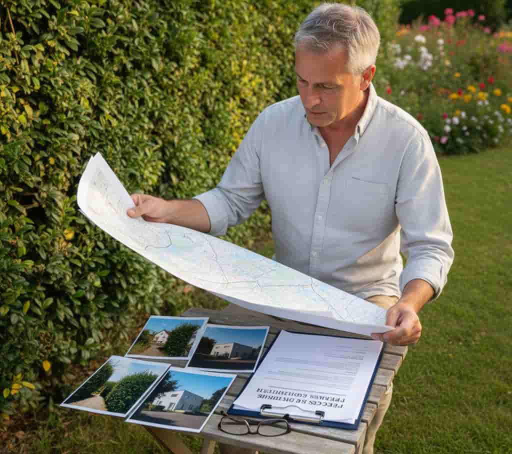 Voisin préparant un dossier avec plans et photos pour prouver son intérêt à agir contre un permis de construire