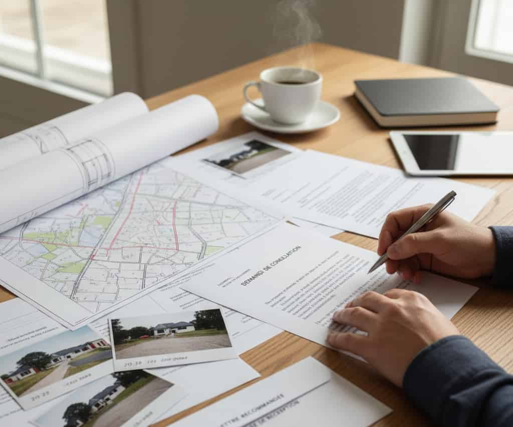 Personne préparant une demande de conciliation avec documents de litige et lettre type