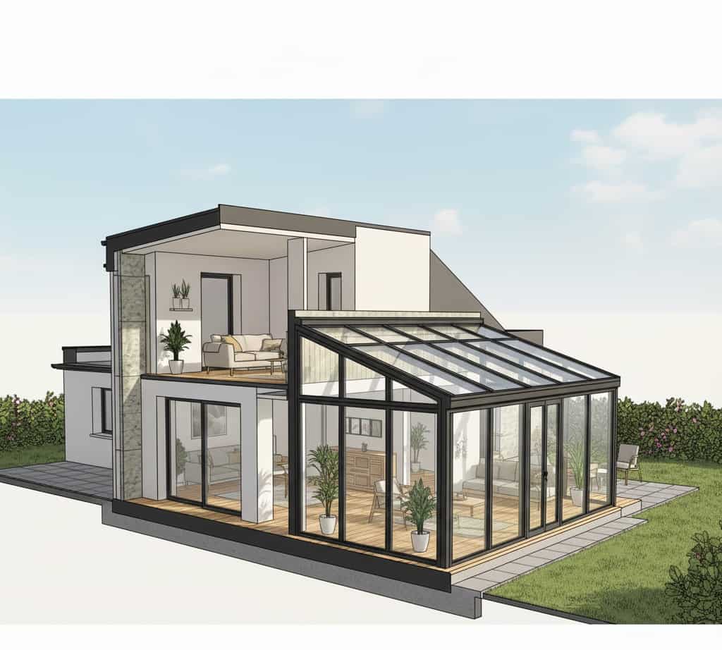 Maquette 3D réaliste d’une maison avec véranda habitable intégrée en extension