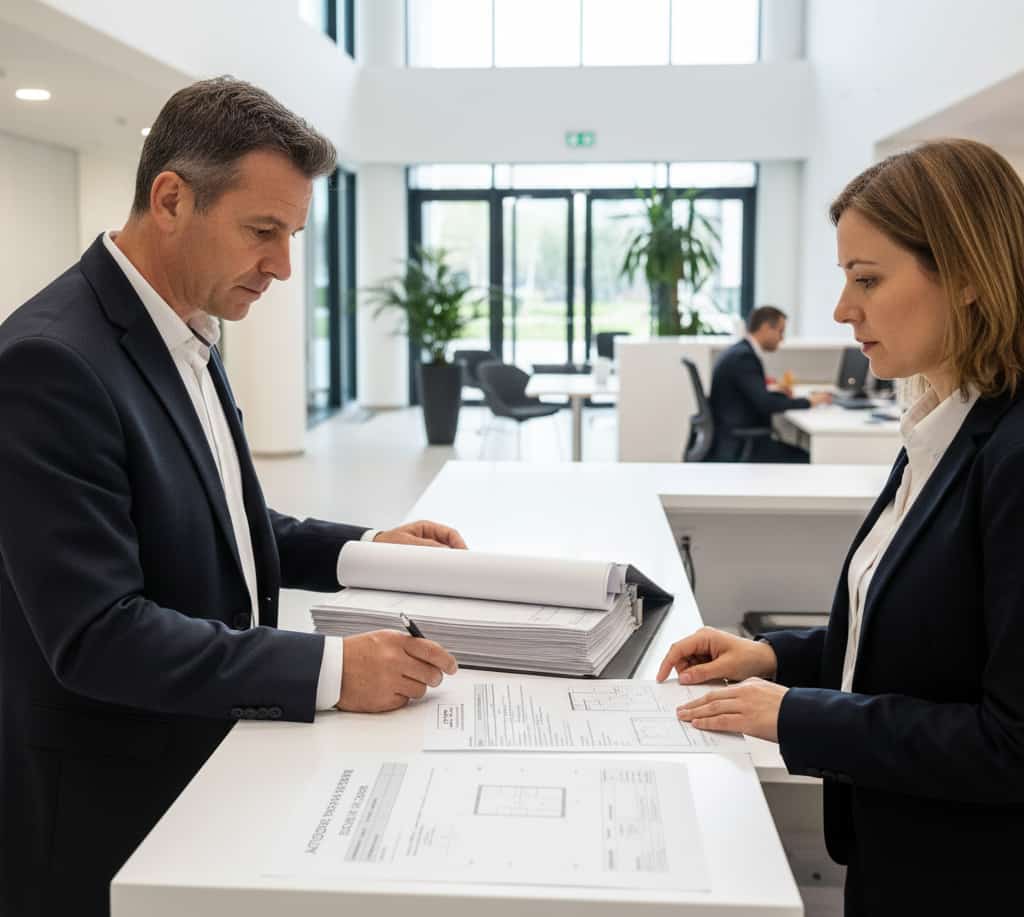 Consultation en mairie pour déposer une déclaration préalable de travaux pour un abri de jardin.