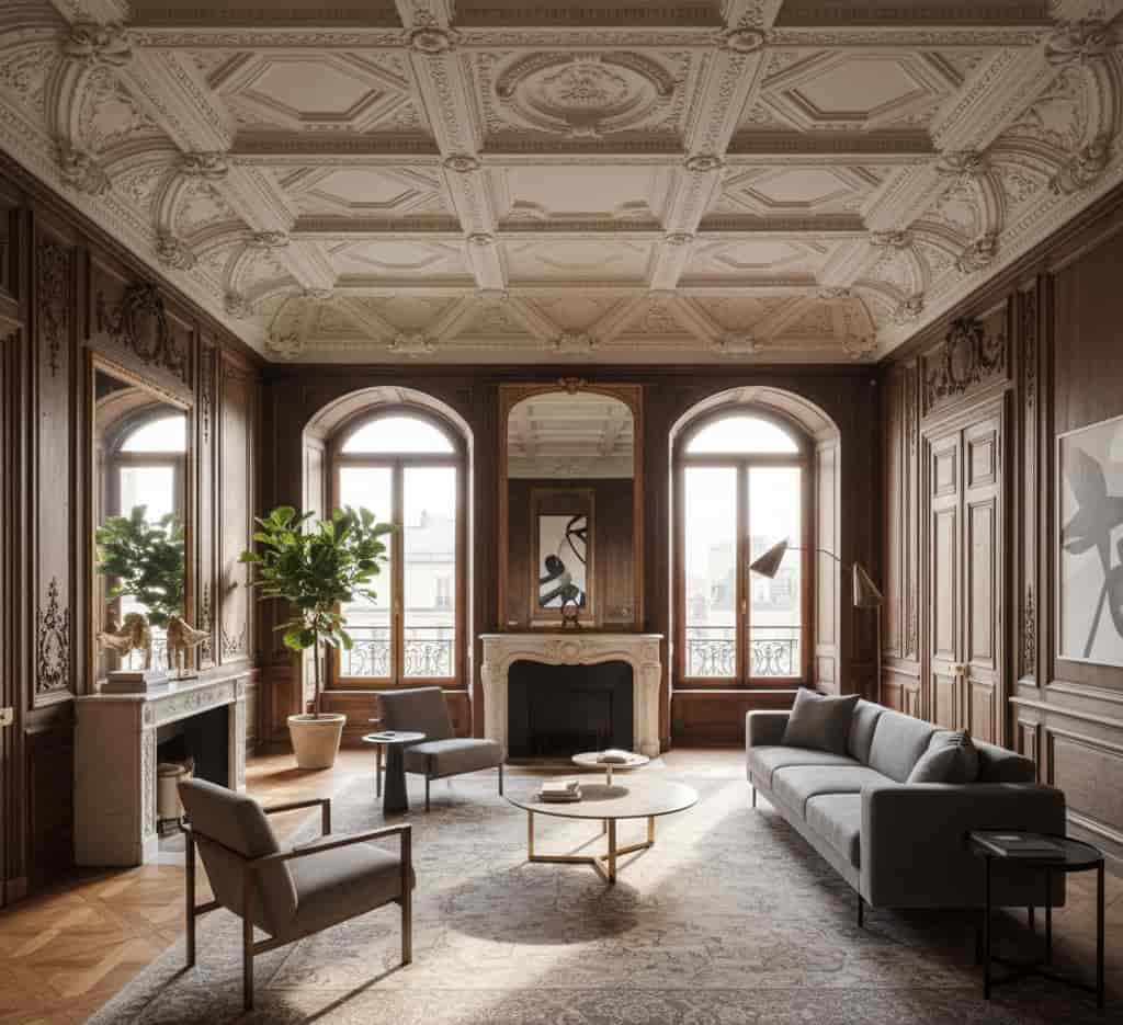 Intérieur restauré d’un hôtel particulier parisien combinant éléments historiques et design contemporain