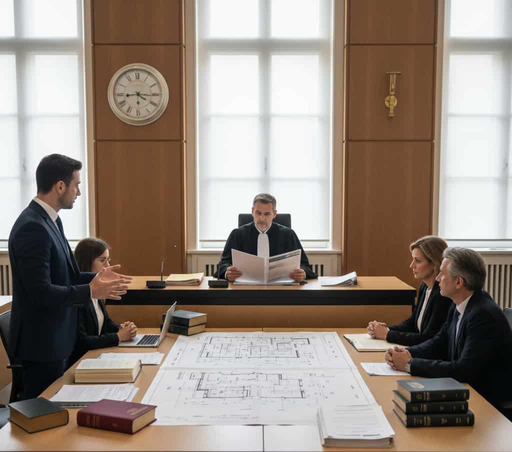 Jugement administratif en matière d’urbanisme avec juge et avocats examinant un permis de construire contesté