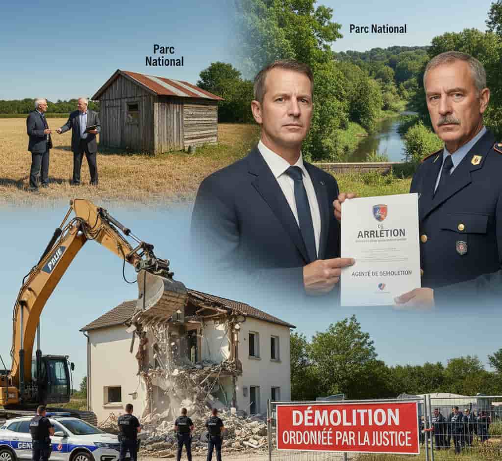Intervention policière pour démolition de constructions illégales sur un terrain non constructible en zone naturelle en France