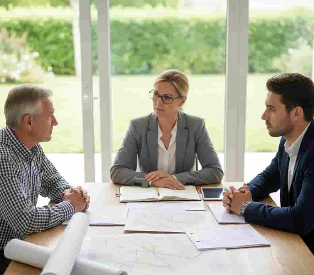 Médiation entre voisins avec un médiateur impartial aidant au dialogue pour résoudre un conflit