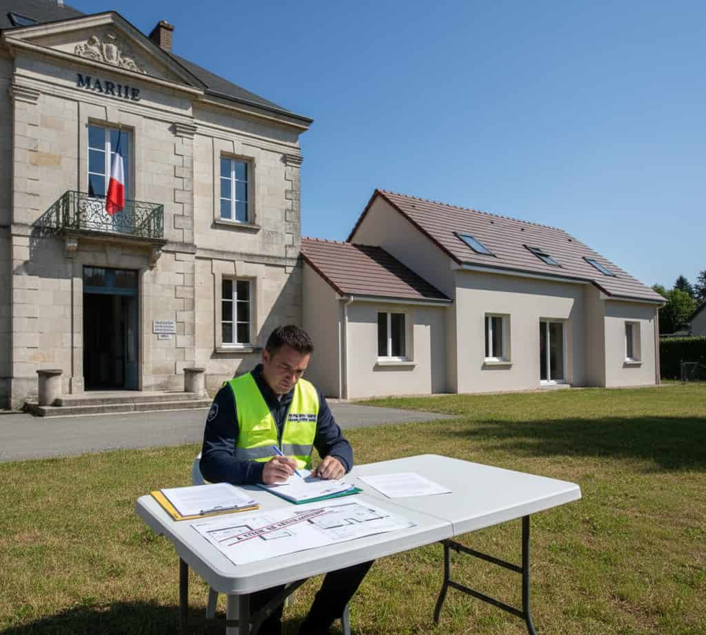 Dossier de régularisation rétroactive de travaux non autorisés soumis au service urbanisme avec mairie en arrière‑plan