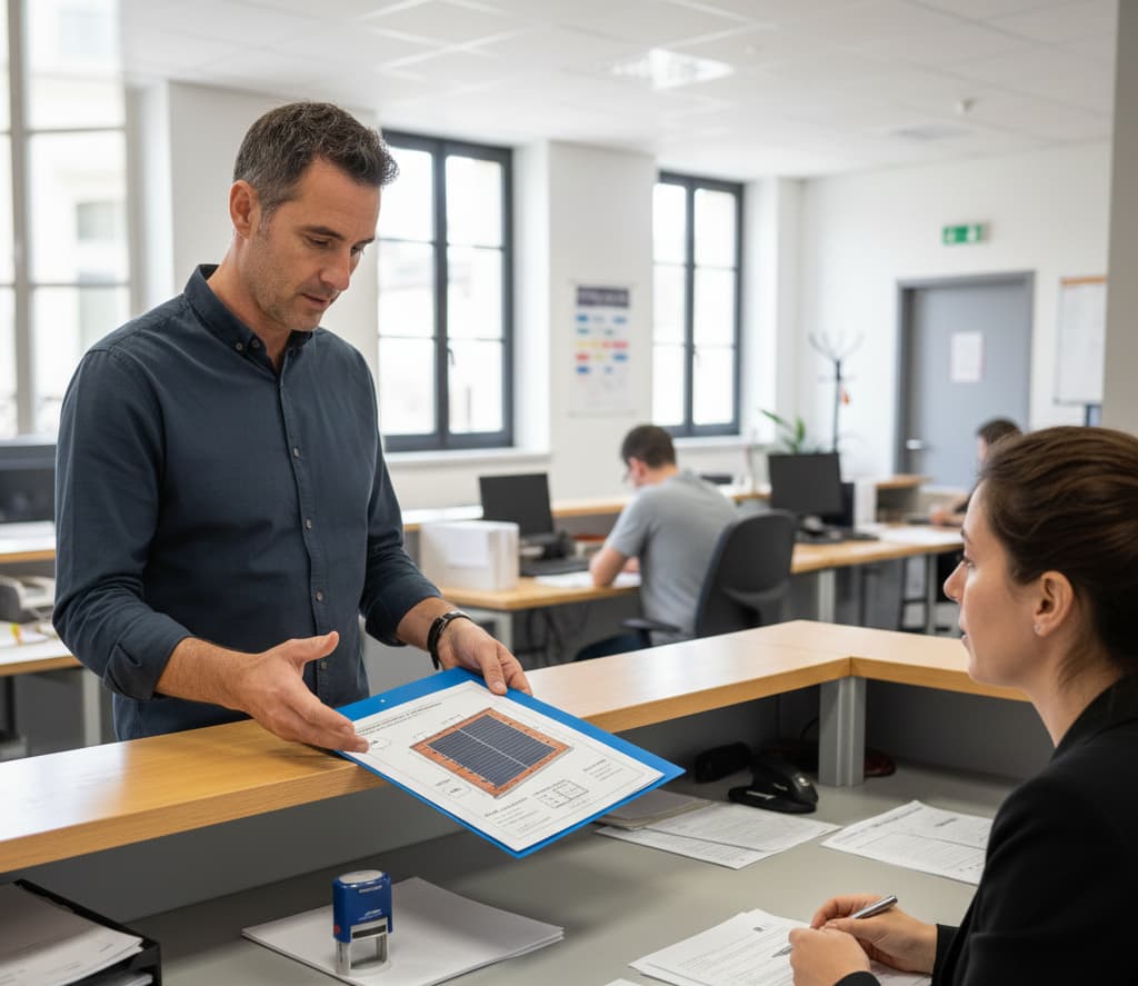 “Propriétaire déposant une déclaration préalable de travaux en mairie pour l’installation d’un chauffe-eau solaire.