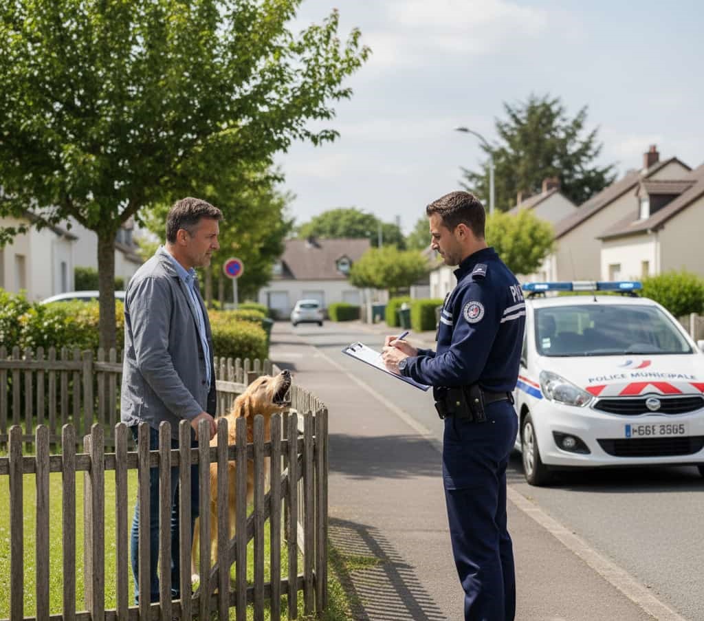 Policier municipal constatant une nuisance sonore due aux aboiements d’un chien chez le voisin dans un quartier résidentiel