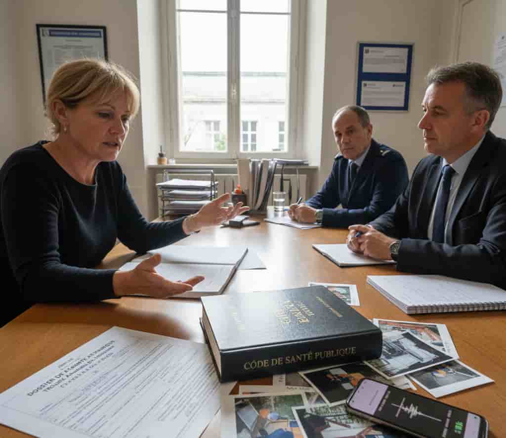 Riverain déposant plainte ou discutant avec un conciliateur de justice pour nuisance de travaux du voisin, dossier de preuves et documents juridiques visibles