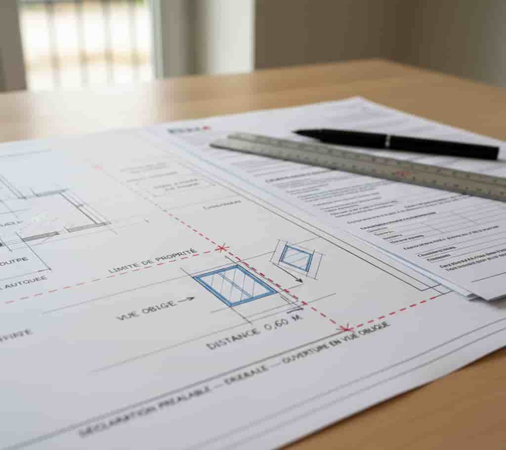 Plan de construction avec distances légales pour fenêtre en vue oblique et documents administratifs