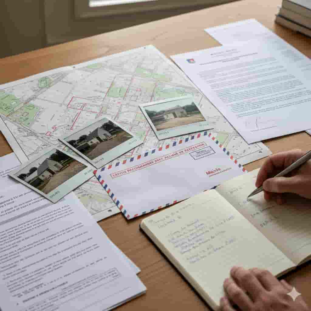 Lettre de plainte pour construction illégale avec photos datées et plans cadastraux sur un bureau
