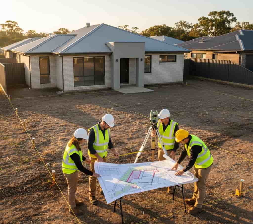 Maison construite en Australie empiétant sur le terrain voisin avec bornes de propriété visibles