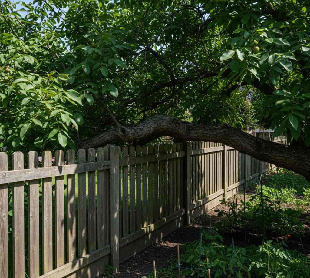 une grosse branche d'arbre traversant la clôture et surplombant le jardin voisin