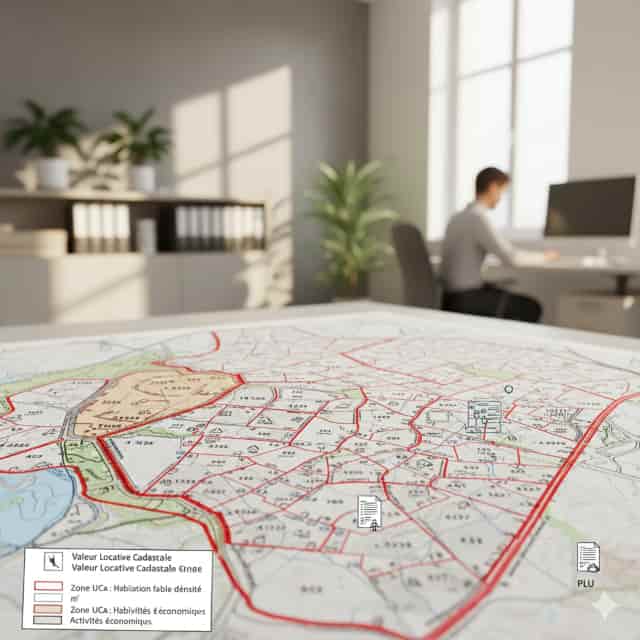 Carte cadastrale d’une propriété avec annotations de valeurs locatives servant de base imposable pour la taxe foncière.