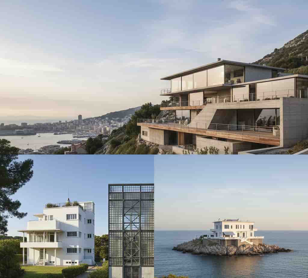 Collage de maisons d’architecte emblématiques en France incluant la Villa Savoye, la Maison de Verre, la villa E‑1027 et une maison contemporaine