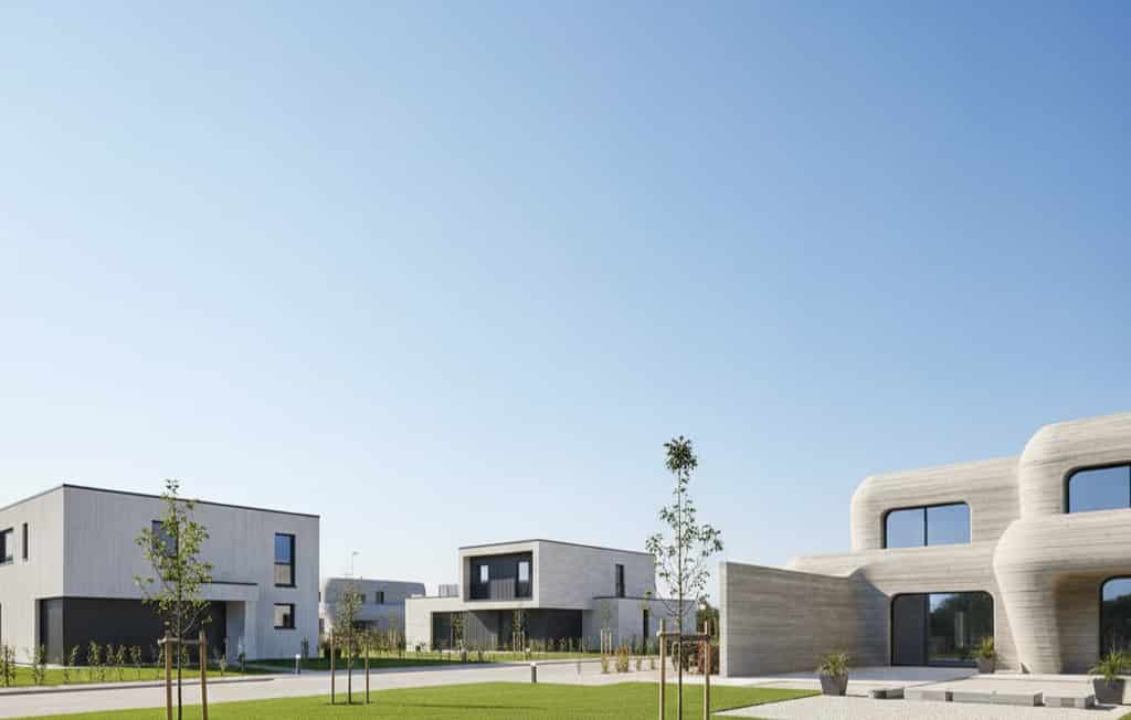 Ensemble de maisons imprimées en 3D dans un lotissement contemporain